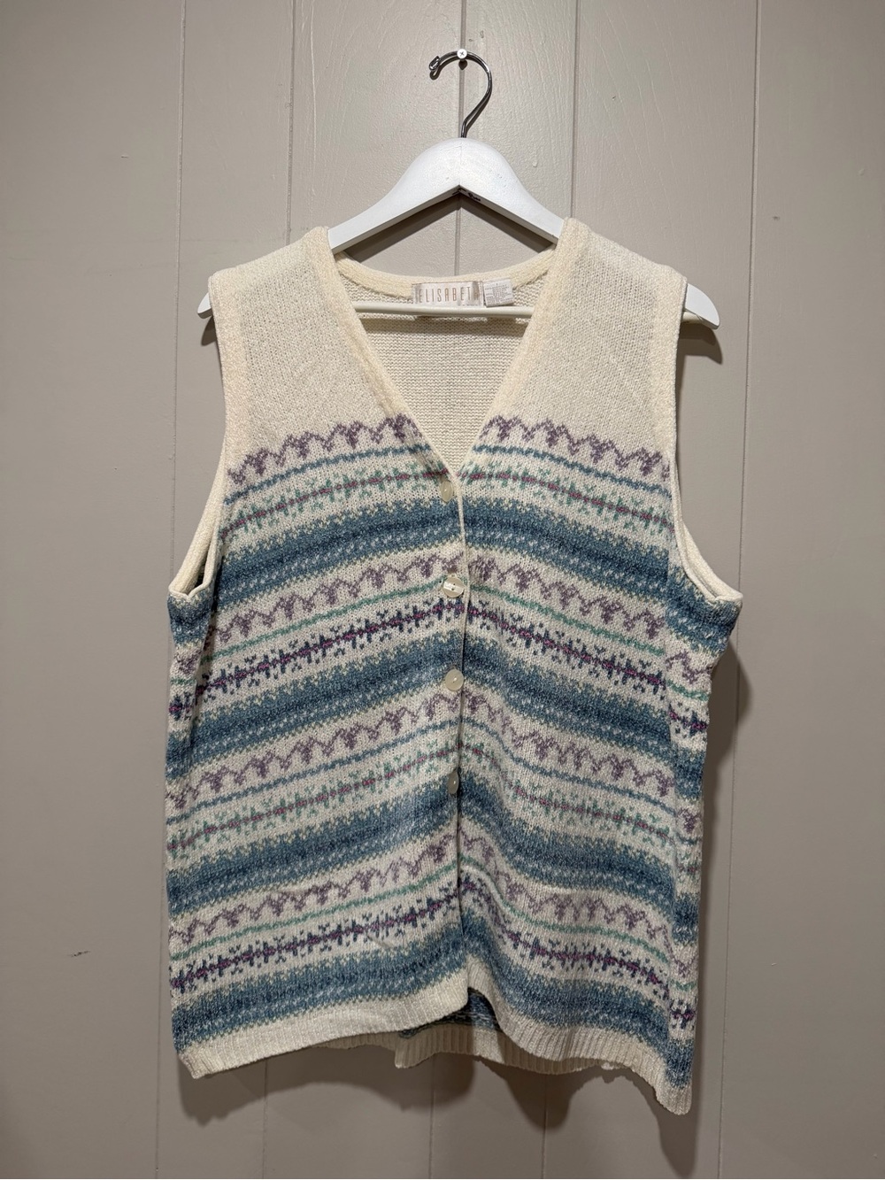 Liz Claiborne Cream V‑Neck Fair Isle Knit Vest with Blue and Lavender Stripes